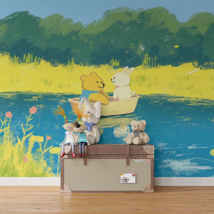Papier peint chambre enfant | Ourson et lapin en barque sur un lac paisible