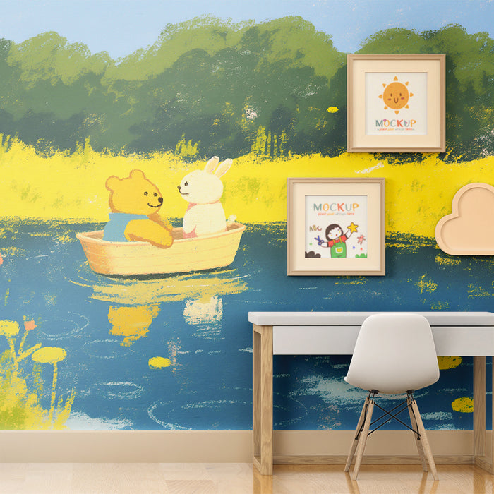 Papier peint chambre enfant | Ourson et lapin en barque sur un lac paisible