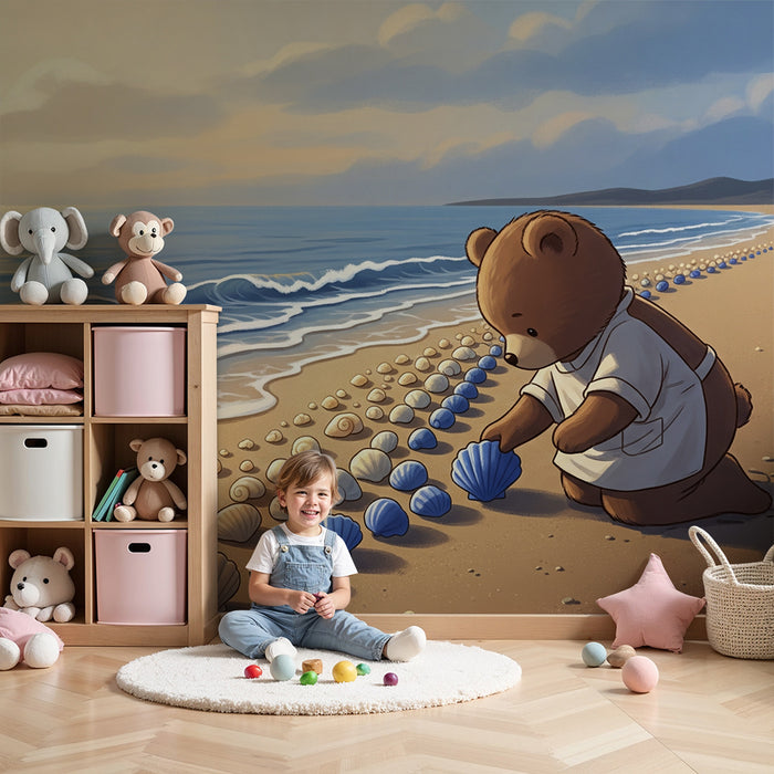 Behang kinderkamer | Kleurrijke schelpen met een ontdekkende beertje op het strand