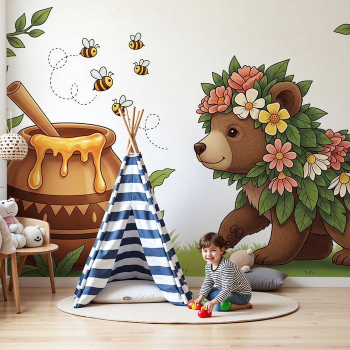 Papel de parede para quarto de criança | Ursinho com flores e pote de mel na natureza