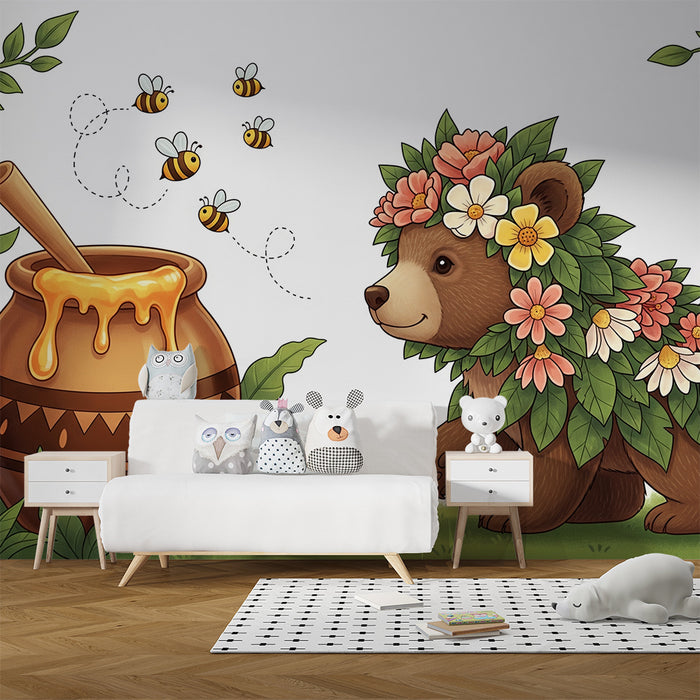 Papel de parede para quarto de criança | Ursinho com flores e pote de mel na natureza