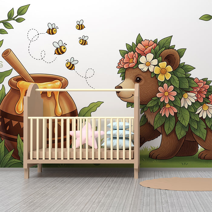 Papel de parede para quarto de criança | Ursinho com flores e pote de mel na natureza