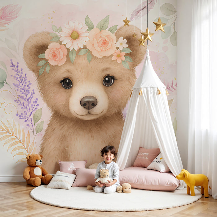 Papier peint chambre enfant | Ourson floral au charme doux