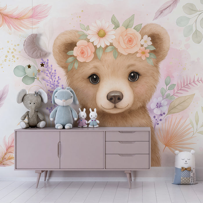 Papier peint chambre enfant | Ourson floral au charme doux