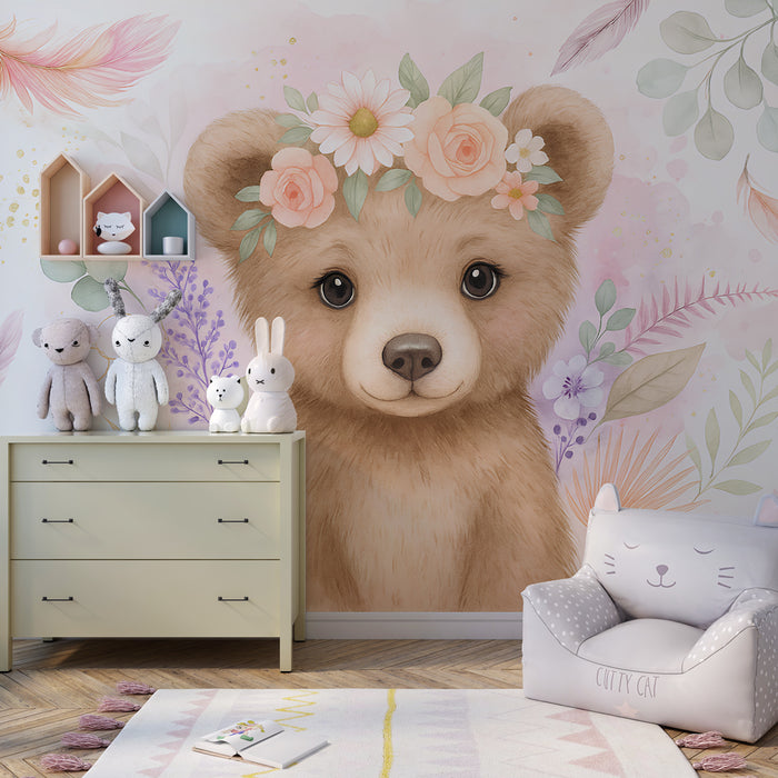 Papier peint chambre enfant | Ourson floral au charme doux