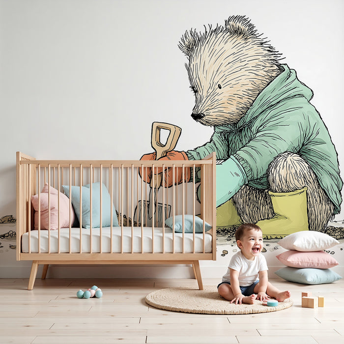 Papier peint chambre enfant | Ourson jardinier en pleine aventure