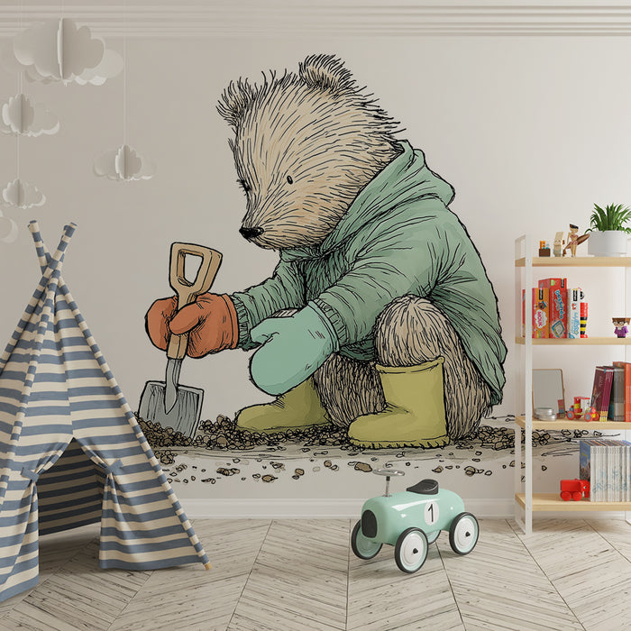 Papier peint chambre enfant | Ourson jardinier en pleine aventure