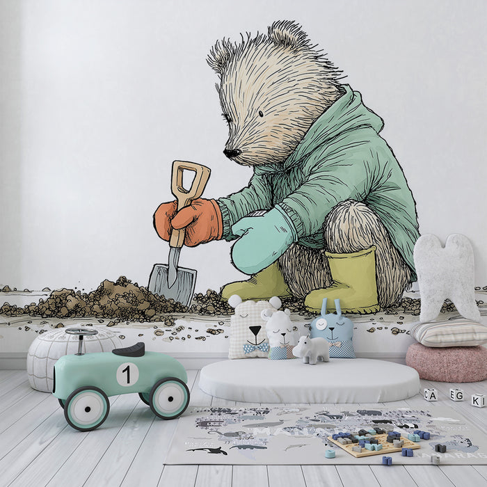 Papier peint chambre enfant | Ourson jardinier en pleine aventure