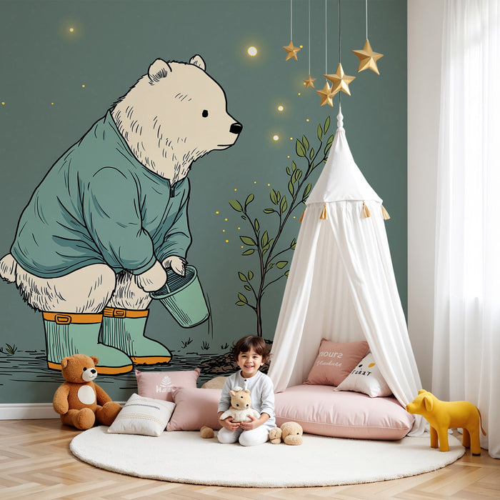 Carta da parati bambini | Orso giardiniere e magia della natura