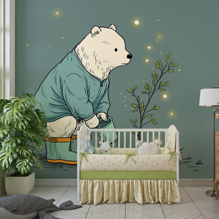 Carta da parati bambini | Orso giardiniere e magia della natura