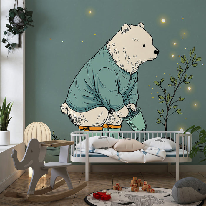 Carta da parati bambini | Orso giardiniere e magia della natura