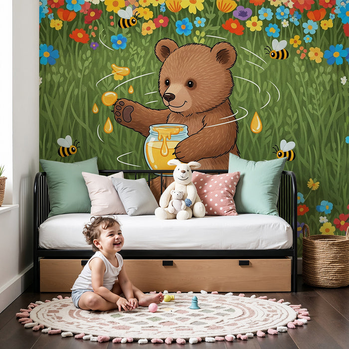 Papier peint chambre enfant | Ourson joyeux dans un champ de fleurs colorées