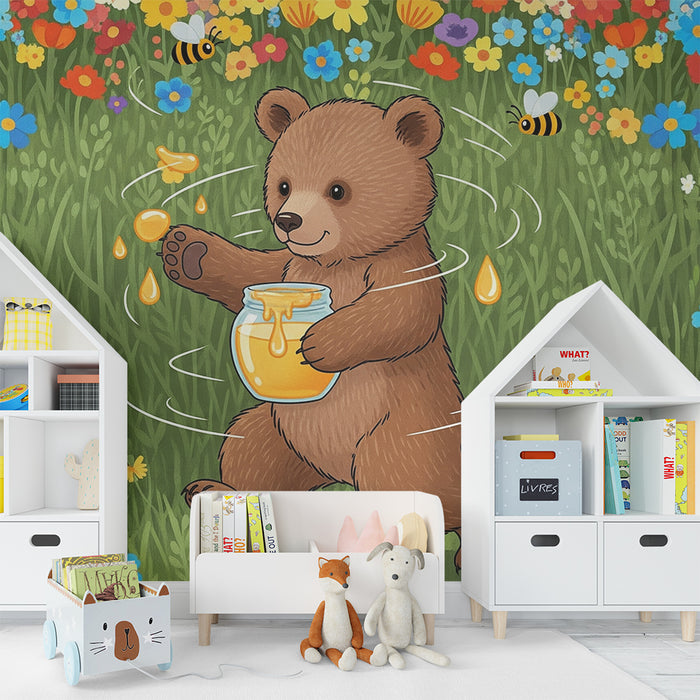Papier peint chambre enfant | Ourson joyeux dans un champ de fleurs colorées