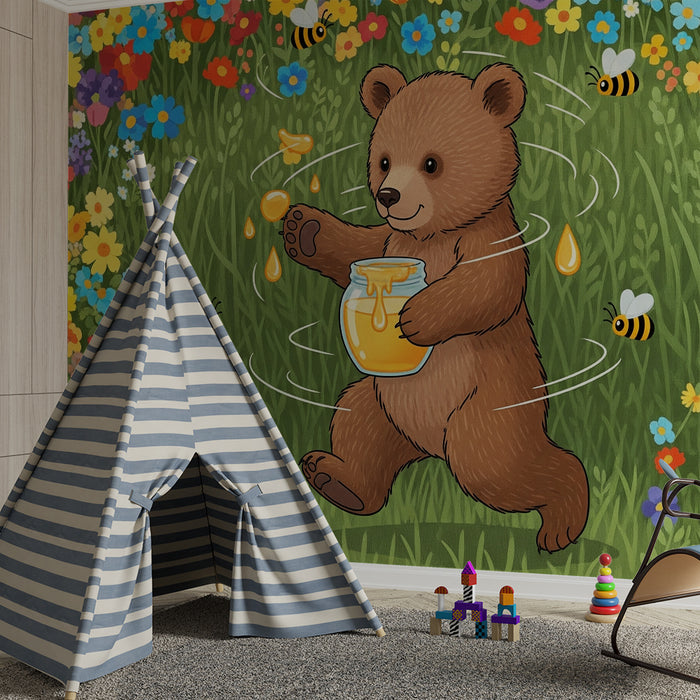 Papier peint chambre enfant | Ourson joyeux dans un champ de fleurs colorées