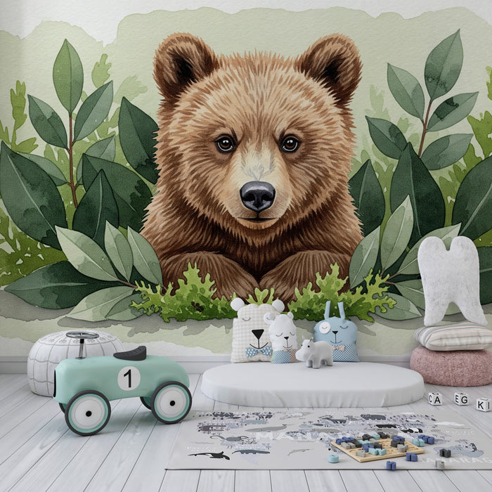 Papel pintado infantil | Oso feliz rodeado de follaje