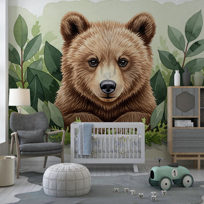 Papel pintado infantil | Oso feliz rodeado de follaje