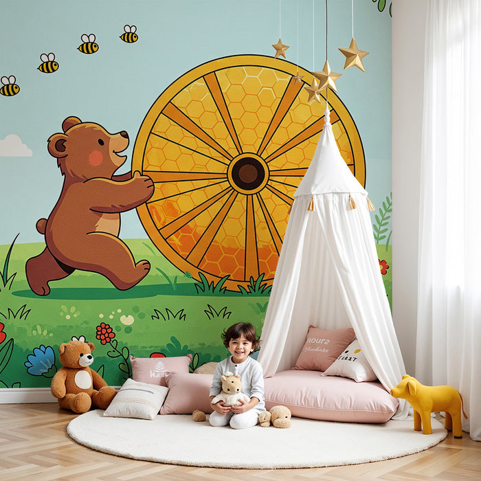Papier peint chambre enfant | Ourson joyeux et ruche en fleurs