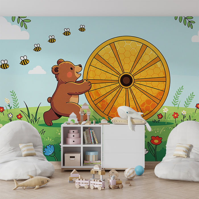 Papier peint chambre enfant | Ourson joyeux et ruche en fleurs