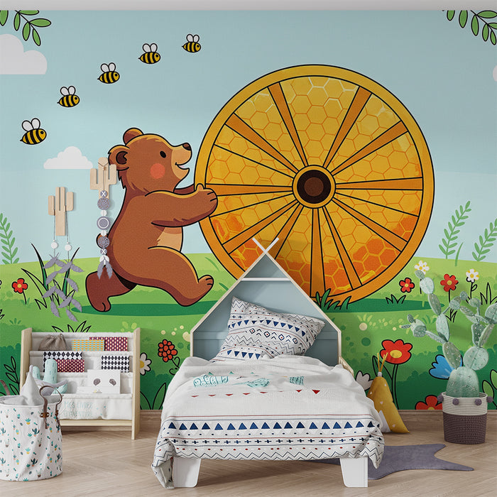 Papier peint chambre enfant | Ourson joyeux et ruche en fleurs