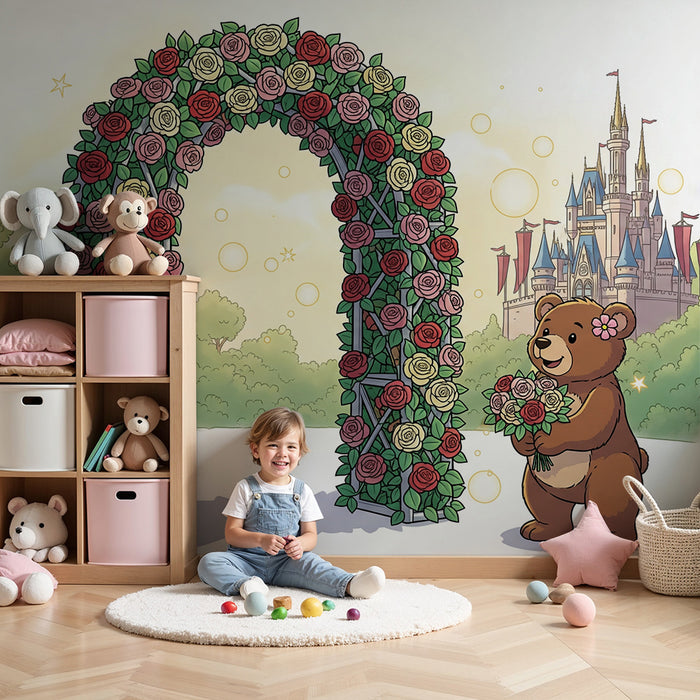Kinderzimmer Tapete | Niedlicher Bär mit Blumenstrauß vor einem Märchenschloss