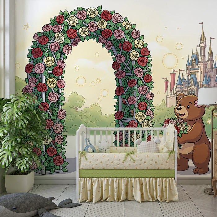 Kinderzimmer Tapete | Niedlicher Bär mit Blumenstrauß vor einem Märchenschloss