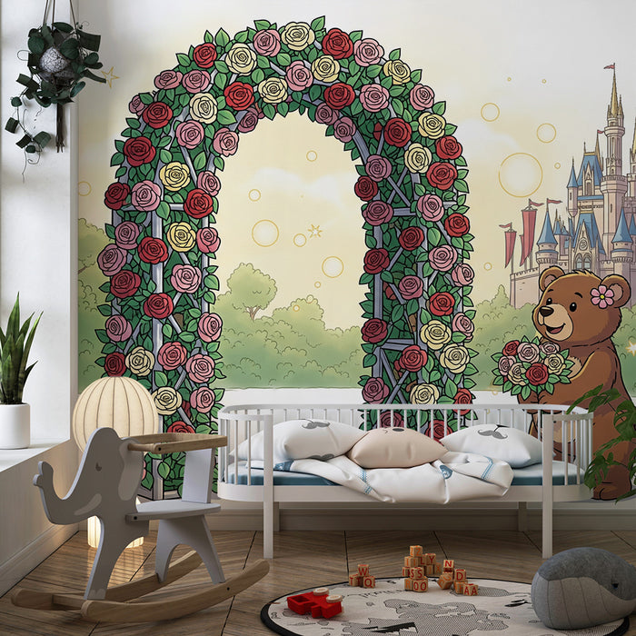Kinderzimmer Tapete | Niedlicher Bär mit Blumenstrauß vor einem Märchenschloss