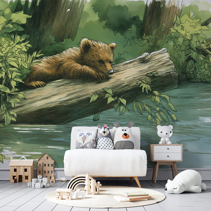 Papel de parede criança | Urso tranquilo em um tronco à beira da água
