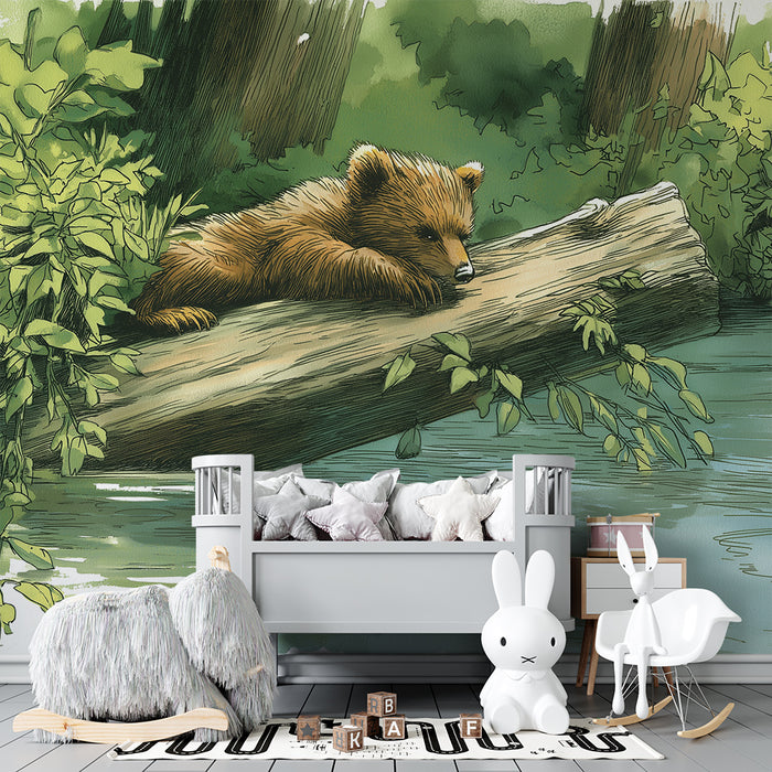 Papel de parede criança | Urso tranquilo em um tronco à beira da água