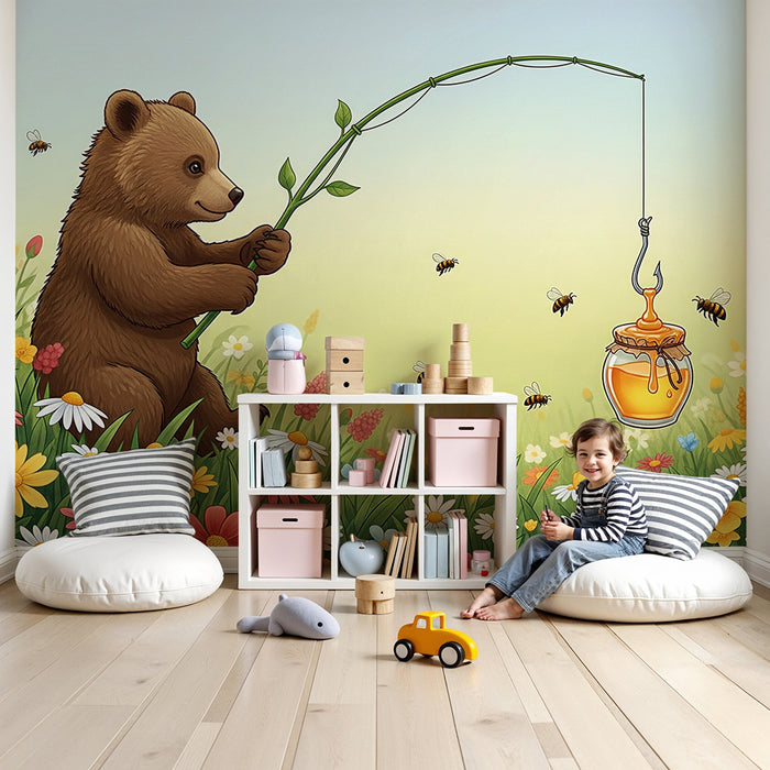 Papier peint chambre enfant | Ourson pêcheur dans un champ de fleurs colorées