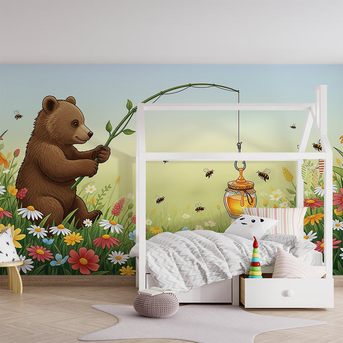Papier peint chambre enfant | Ourson pêcheur dans un champ de fleurs colorées