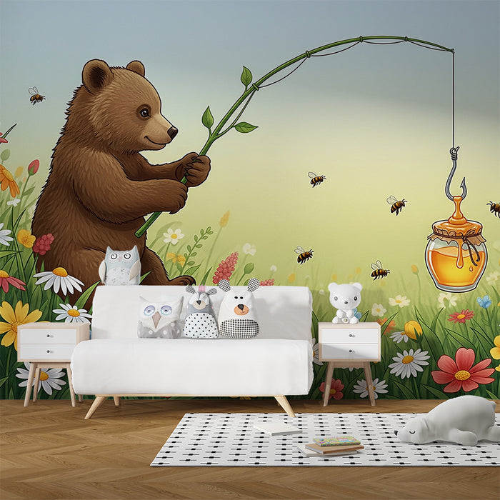 Papier peint chambre enfant | Ourson pêcheur dans un champ de fleurs colorées