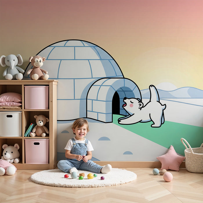 Barnrumspapper | Polarunge framför en igloo under en pastellfärgad himmel