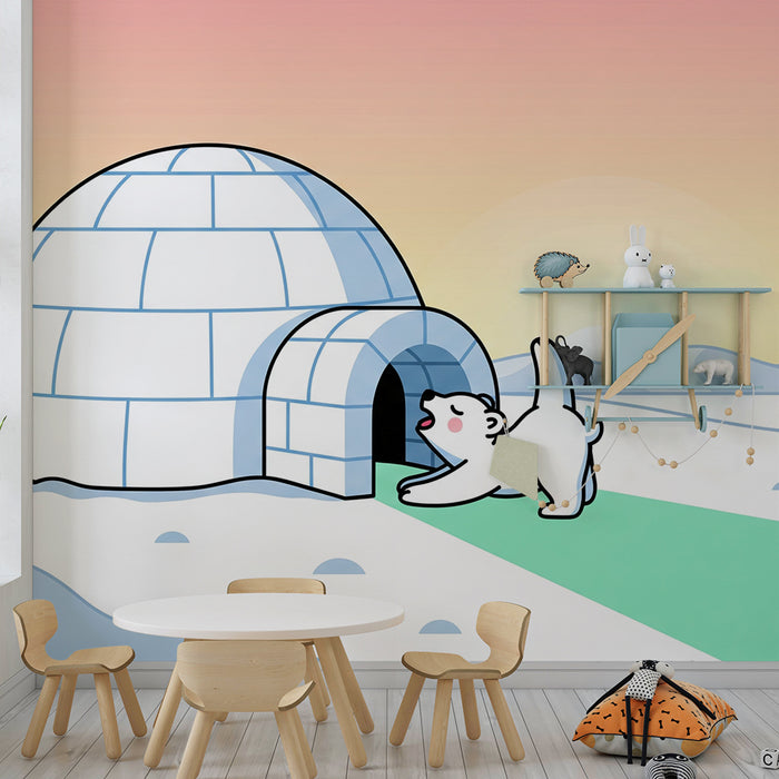 Barnrumspapper | Polarunge framför en igloo under en pastellfärgad himmel