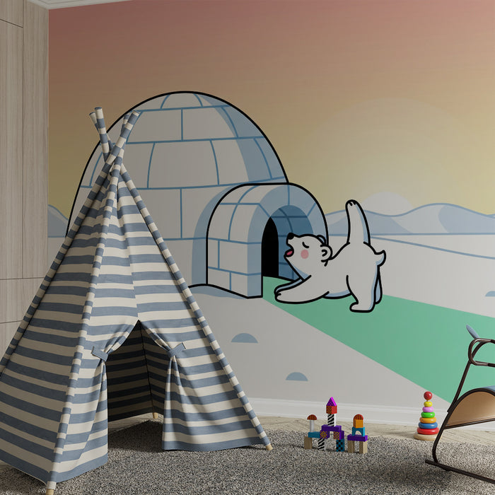 Barnrumspapper | Polarunge framför en igloo under en pastellfärgad himmel