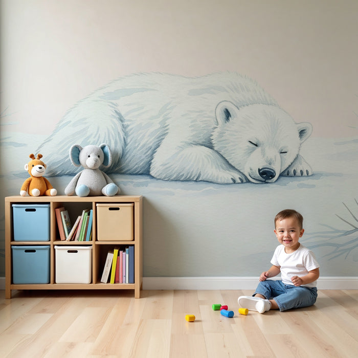 Papier peint chambre enfant | Ourson polaire endormi dans un paysage hivernal