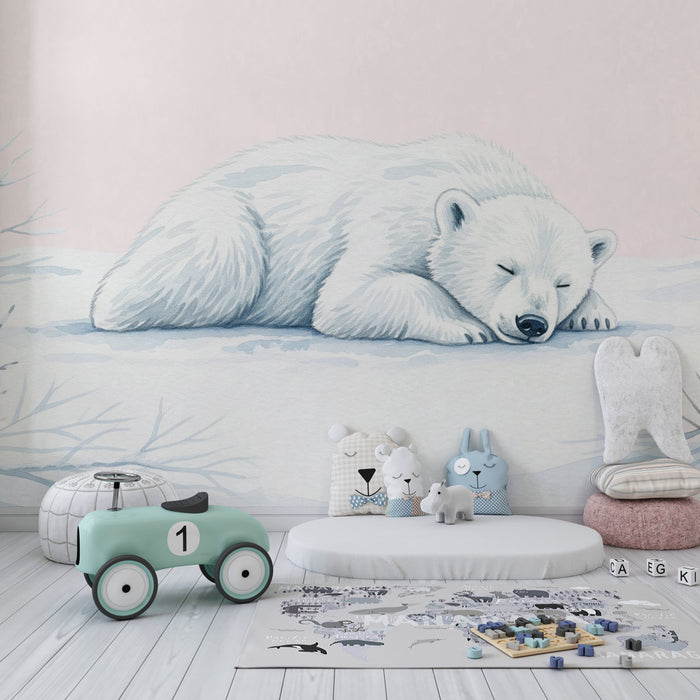 Papier peint chambre enfant | Ourson polaire endormi dans un paysage hivernal