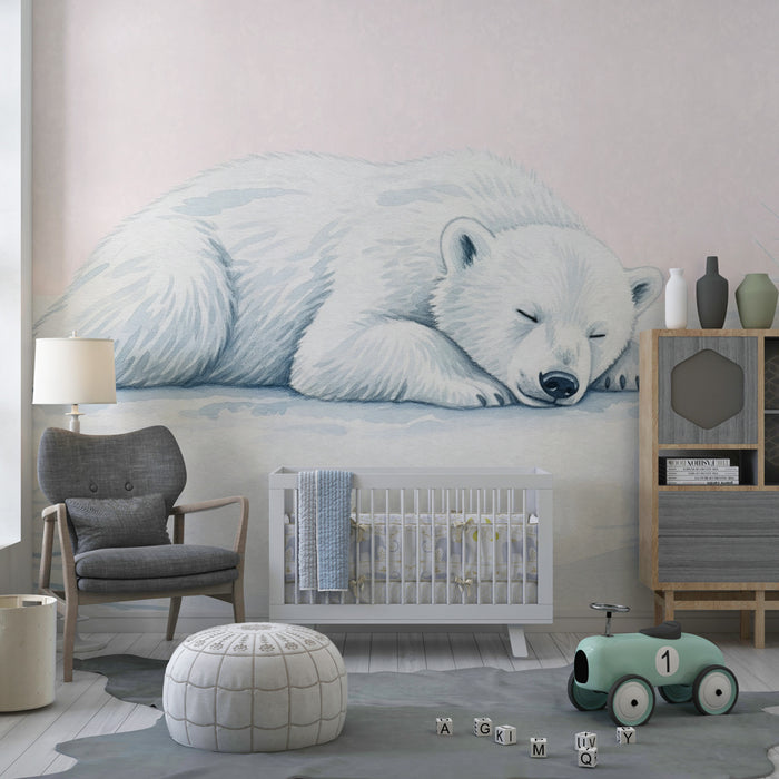 Papier peint chambre enfant | Ourson polaire endormi dans un paysage hivernal