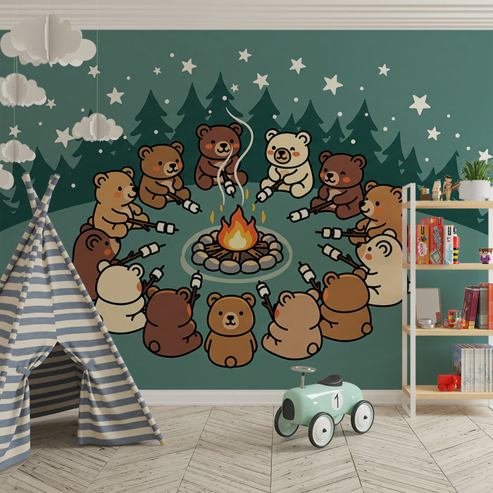 Kids' Room Wallpaper | Campfire Bears Under the Stars