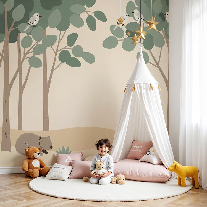 Children's bedroom wallpaper | Bears in a calming forest with birds