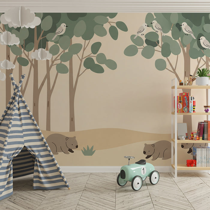 Children's bedroom wallpaper | Bears in a calming forest with birds