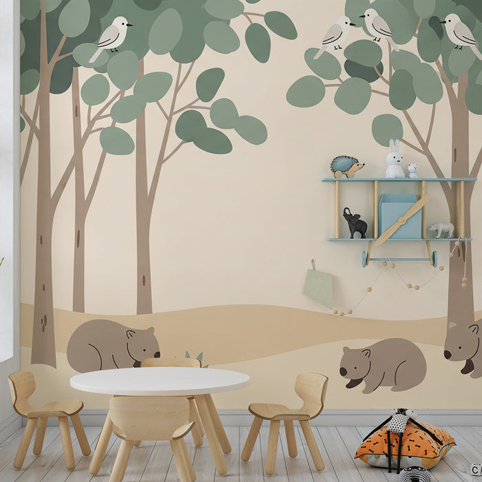 Children's bedroom wallpaper | Bears in a calming forest with birds