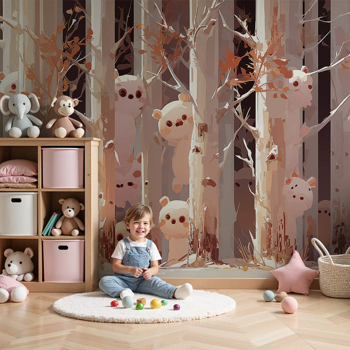 Papier peint chambre enfant | Oursons espiègles cachés parmi les arbres