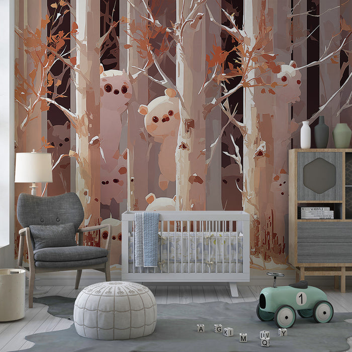 Papier peint chambre enfant | Oursons espiègles cachés parmi les arbres