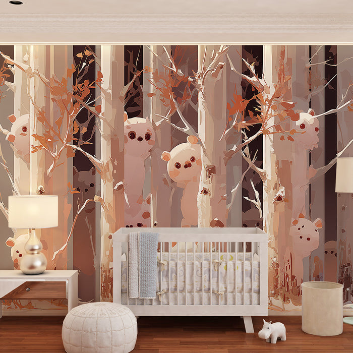 Papier peint chambre enfant | Oursons espiègles cachés parmi les arbres