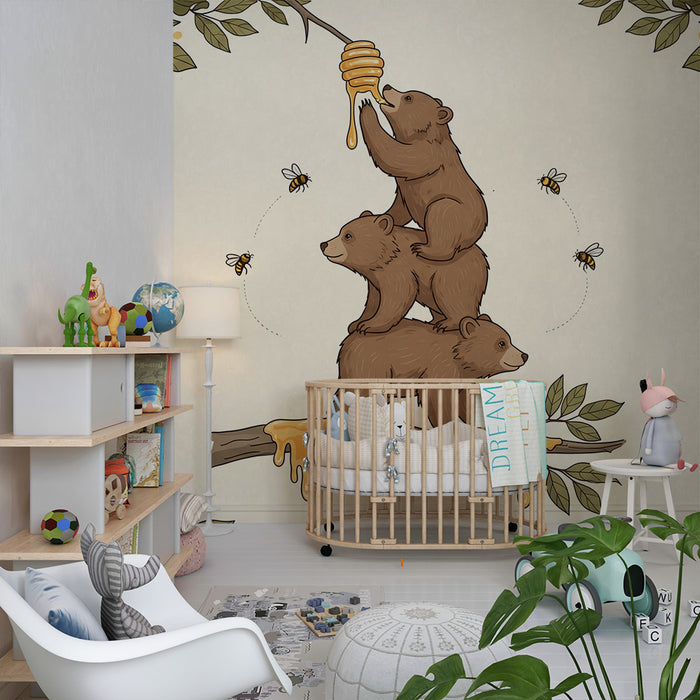 Papier peint chambre enfant | Oursons espiègles en quête de miel
