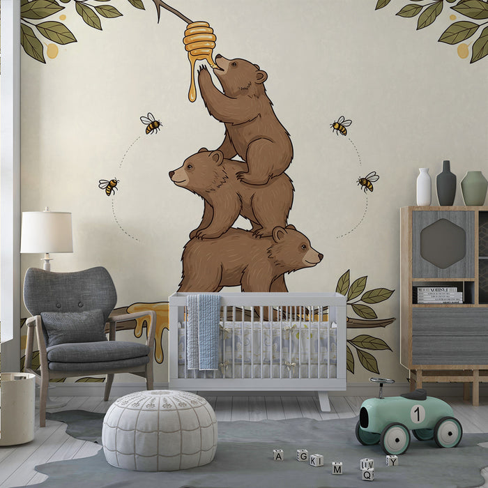 Papier peint chambre enfant | Oursons espiègles en quête de miel
