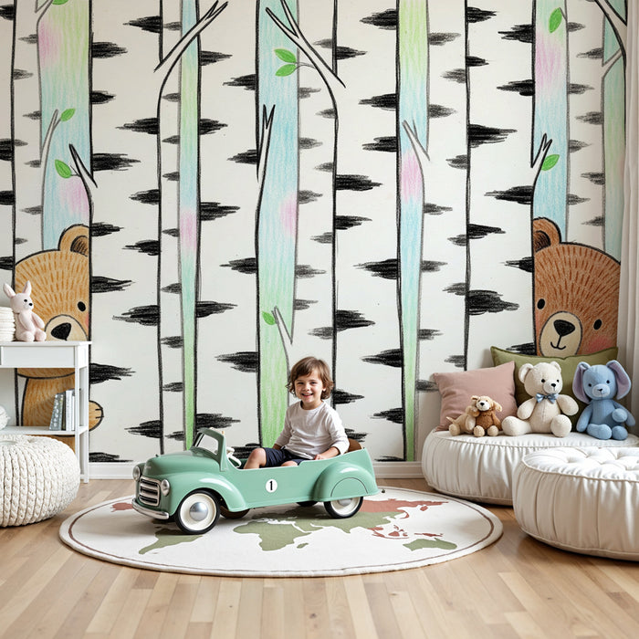 Papier peint chambre enfant | Oursons et bouleaux colorés