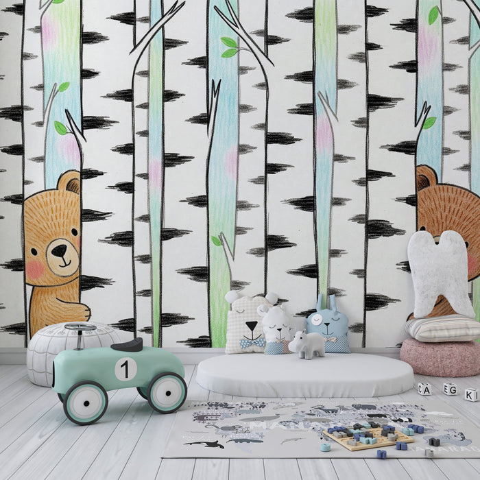 Papier peint chambre enfant | Oursons et bouleaux colorés