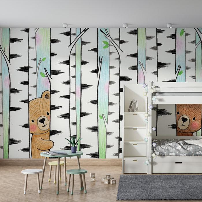Papier peint chambre enfant | Oursons et bouleaux colorés
