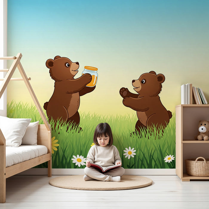Kids' Room Wallpaper | Playful Bear Cubs in a Flower Field